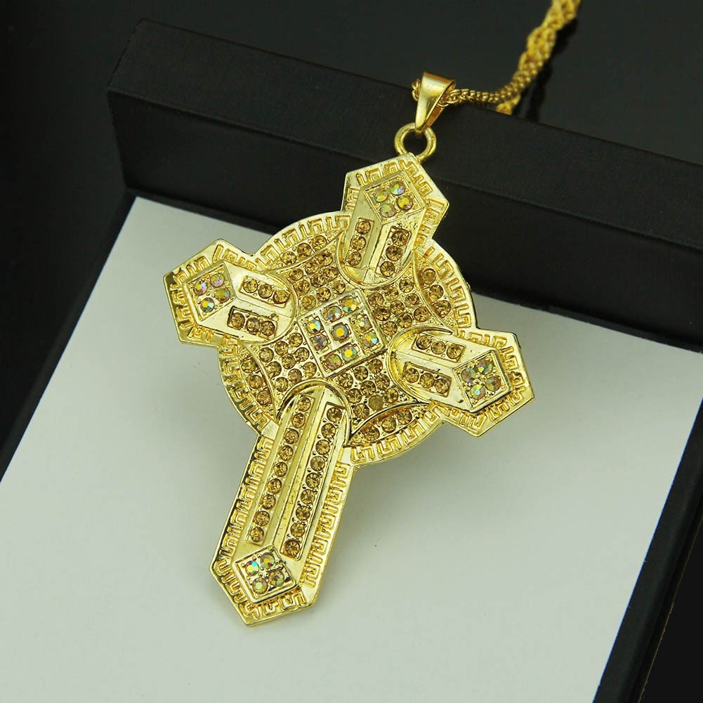 New Hip-Hop Cross Pendant Necklace with Rhinestone Inlay - Wholesale from European-American Jewelry Manufacturer