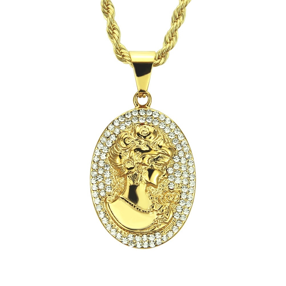 Hip-Hop Hiphop Rhinestone Portrait Pendant Long Necklace - Gold Men's Rock Accessory