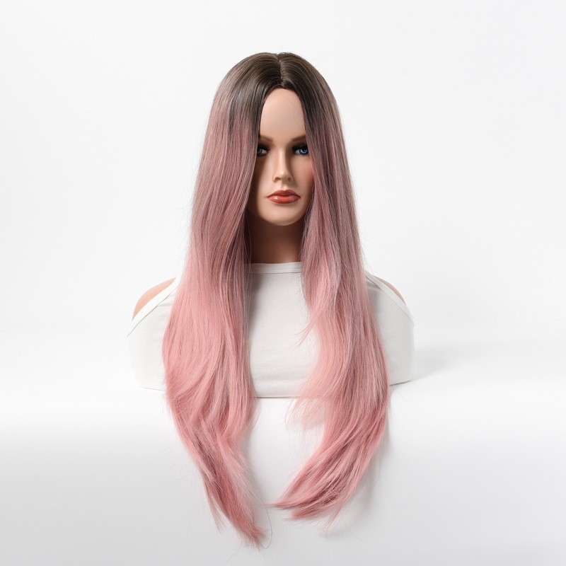 WOMEN'S BROWN & PINK OMBRE STRAIGHT MIDDLE PART WIG - SYNTHETIC - FULL HEAD