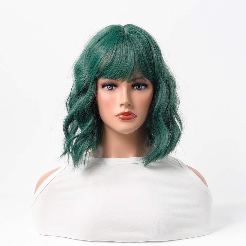 DEEP GREEN SHORT CURLY FULL BANGS WIG - EUROPEAN & AMERICAN STYLE