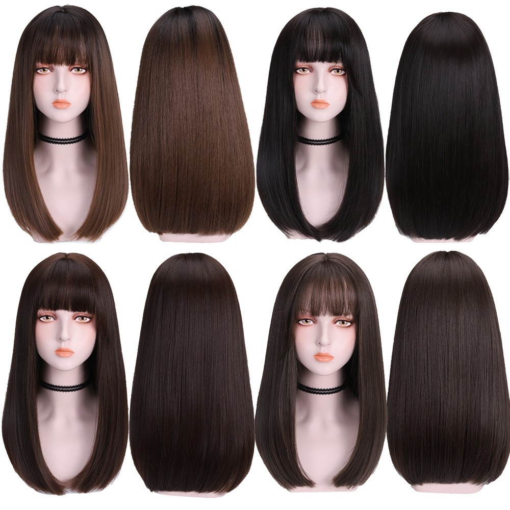 TRENDY LONG STRAIGHT WIG - AIR BANGS - MEDIUM LENGTH - ROUND FACE