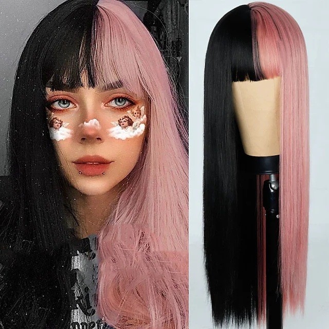 CROSS-BORDER BLACK & PINK YIN YANG BOB WIG - SYNTHETIC - WHOLESALE