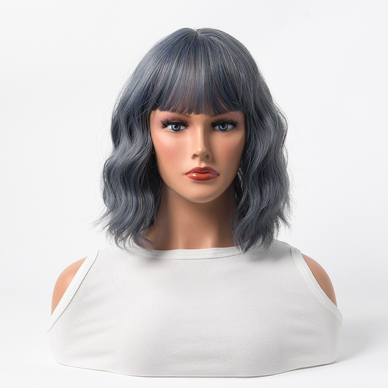 SHORT CURLY BANGS WIG - MISTY BLUE - FLUFFY SYNTHETIC - ROSE NET - FULL HEAD