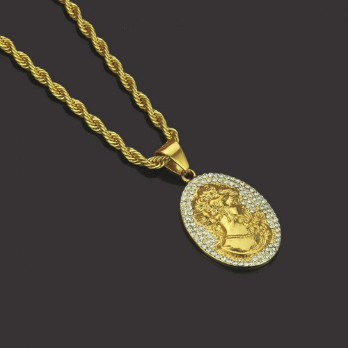 Hip-Hop Hiphop Rhinestone Portrait Pendant Long Necklace - Gold Men's Rock Accessory