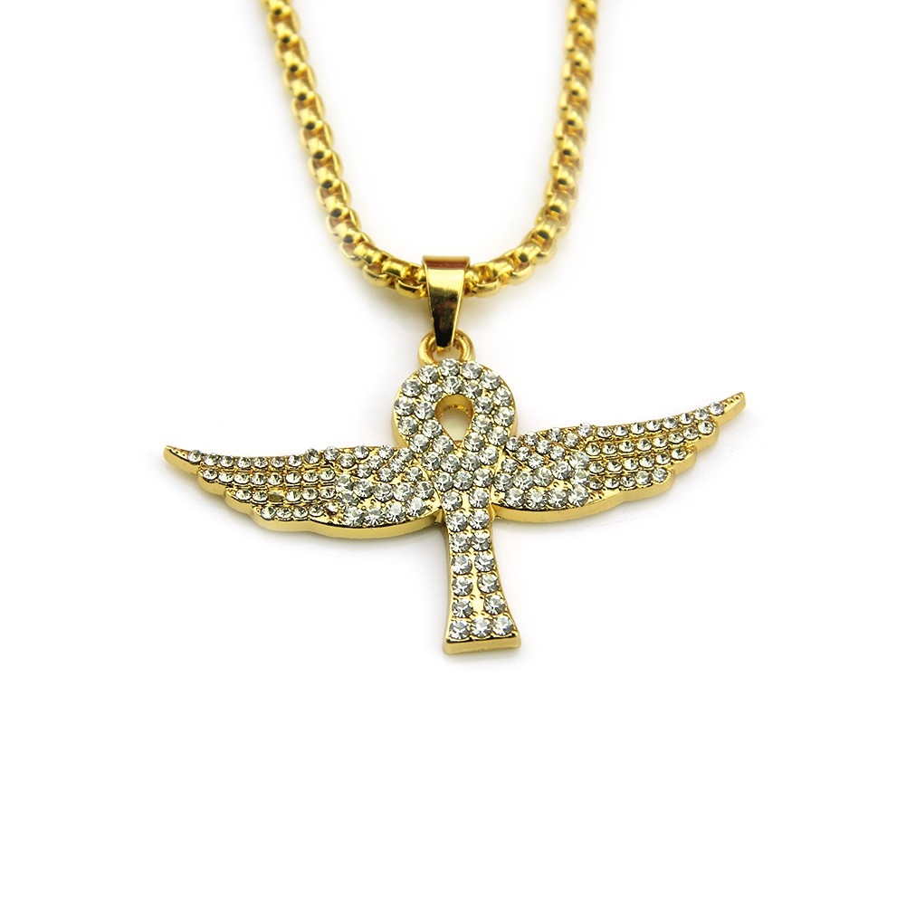 Extravagant Gold Hip-Hop Angel Wing Rhinestone Pendant Necklace - Shiny Hiphop Accessory