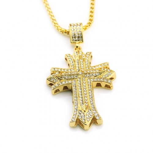 3D Rhinestone Cross Pendant Necklace - Exaggerated Fashion Accessory for Men in European-American Hip-Hop