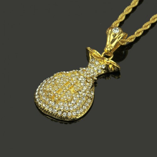 Hot-Selling Rhinestone Money Bag Accessory - Hiphop Dollar Sign Pendant Necklace for Men