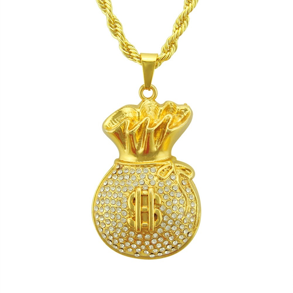 New Men's Hip-Hop 3D Rhinestone Dollar Sign Bag Pendant Necklace - Trendy Fashion Accessory on eBay and Amazon