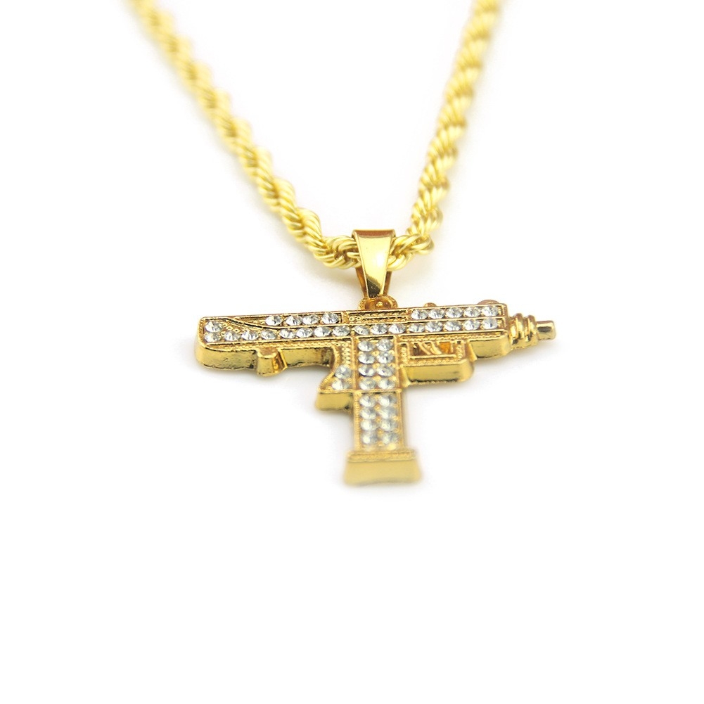 European-American Hip-Hop Men's Rhinestone Assault Rifle Gun Pendant - Fashionable Hiphop Gold Necklace