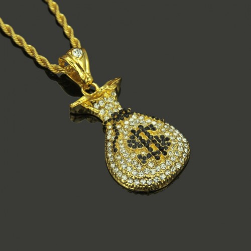 Hot-Selling Black Rhinestone Money Bag Pendant Necklace on Amazon and AliExpress - Hiphop Men's Jewelry