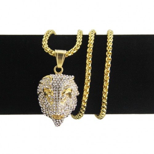 New European-American Rhinestone Lion Head Hiphop Necklace - Unisex Gold-Plated Lion Head Pendant Necklace