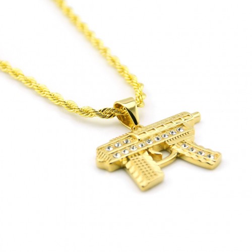 New Export Hot Selling Rhinestone Machine Gun Pendant Long Chain Necklace Men's Accessory