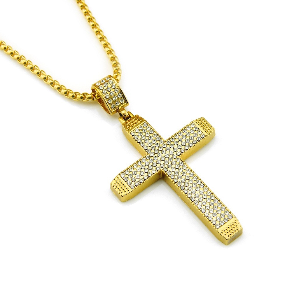 New Personality Exaggerated Rhinestone 3D Cross Pendant Necklace Men's American Hip Hop Dance Trend Pendant