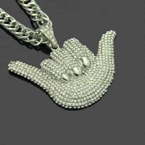 American Hip Hop 666 Hand Gesture Full Rhinestone Pendant Necklace Men's Personality Cool Rhinestone Finger Accessory Pendant