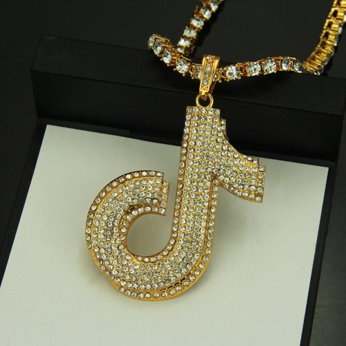 Amazon Hot New Necklace Men's Hip Hop Music Note J Rhinestone Pendant American Accessory Pendant