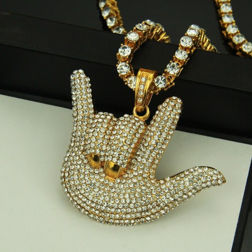 American Hip Hop Rhinestone Finger Gesture Pendant Necklace Hiphop Hand Gesture Single Row Diamond Pendant Accessory