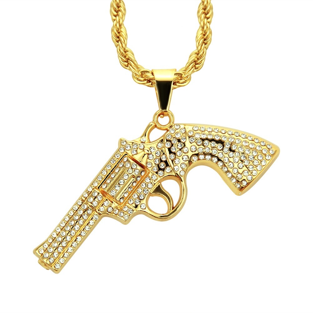 Fashionable Domineering Hip Hop Men's Rhinestone Gun Pendant Necklace American Accessory Manufacturer Direct Sale