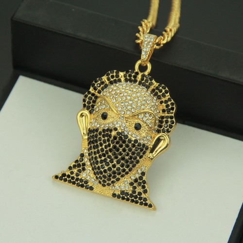 Hiphop Hip Hop Creative New Accessory Personality Full Rhinestone American Exaggerated Masked Human Head Pendant Necklace