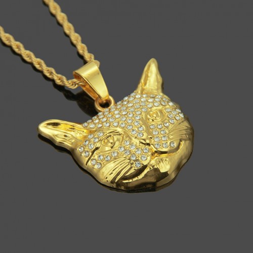 Foreign Trade Hip-Hop Jewelry: European and American Rhinestone Cat Head Pendant, HIPHOP Streetwear Brand Accessory with Manufacturer's Stock