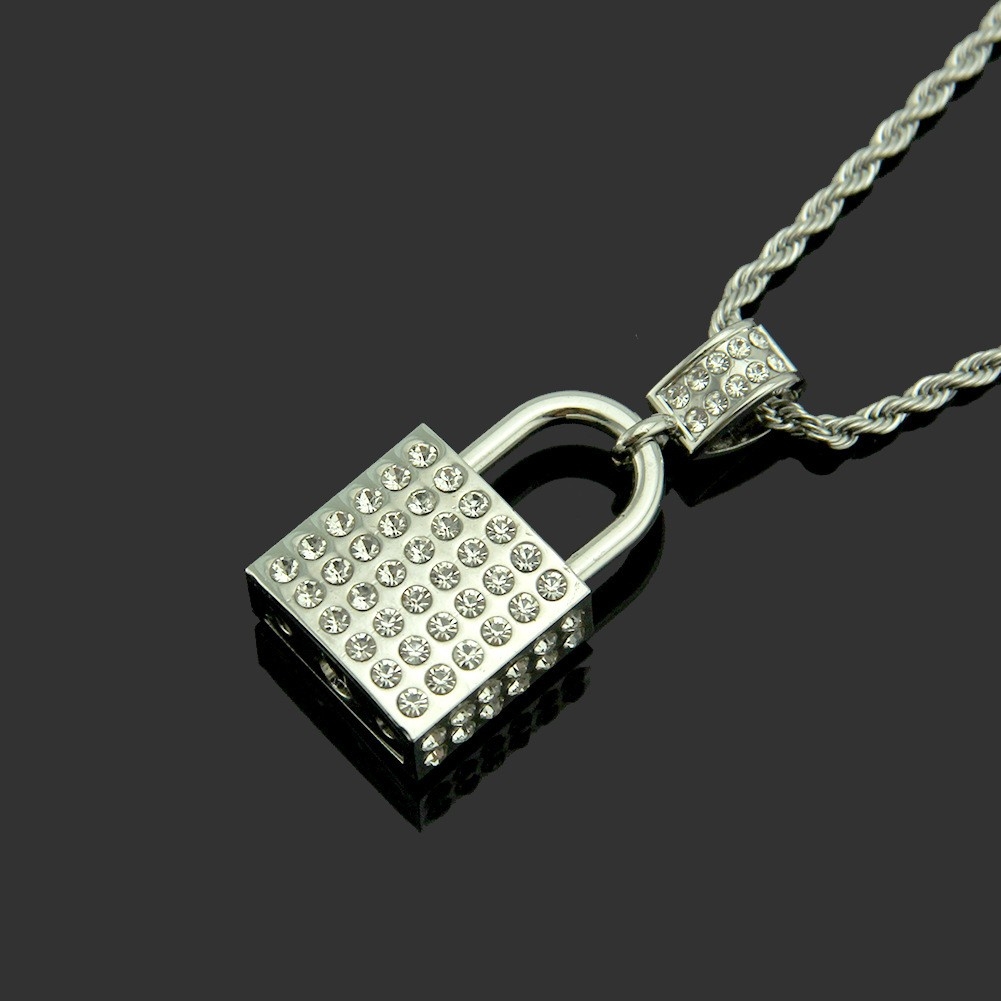 TikTok Same Style Personal Fashion Lock Shaped Pendant Necklace Rhinestone Couple Cool Pendant Accessory