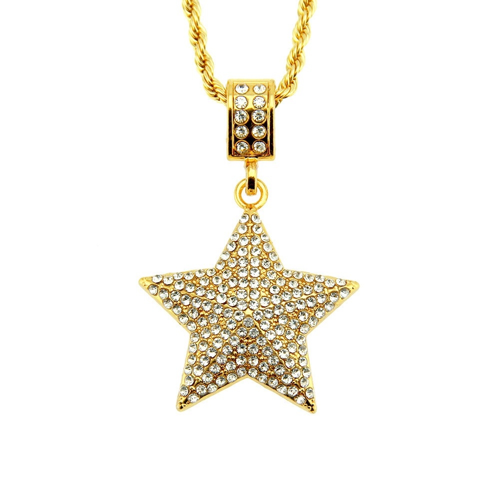 TikTok Same Style Hip Men Personal Hip Hop 3D Rhinestone Pentagram Pendant Necklace American Cool Clothing Accessory