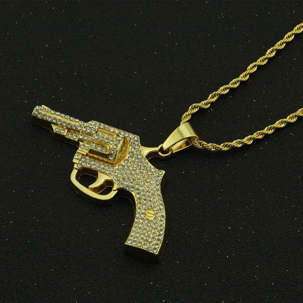 Men's American Hip Hop Rhinestone 3D Revolver Pistol Pendant Nightclub Street Cool Hipster Necklace