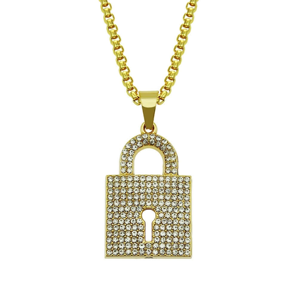 Full Rhinestone Lock Shape Pendant Men's American Hip Hop INS Net Red Rap Rhinestone Street Hipster Necklace