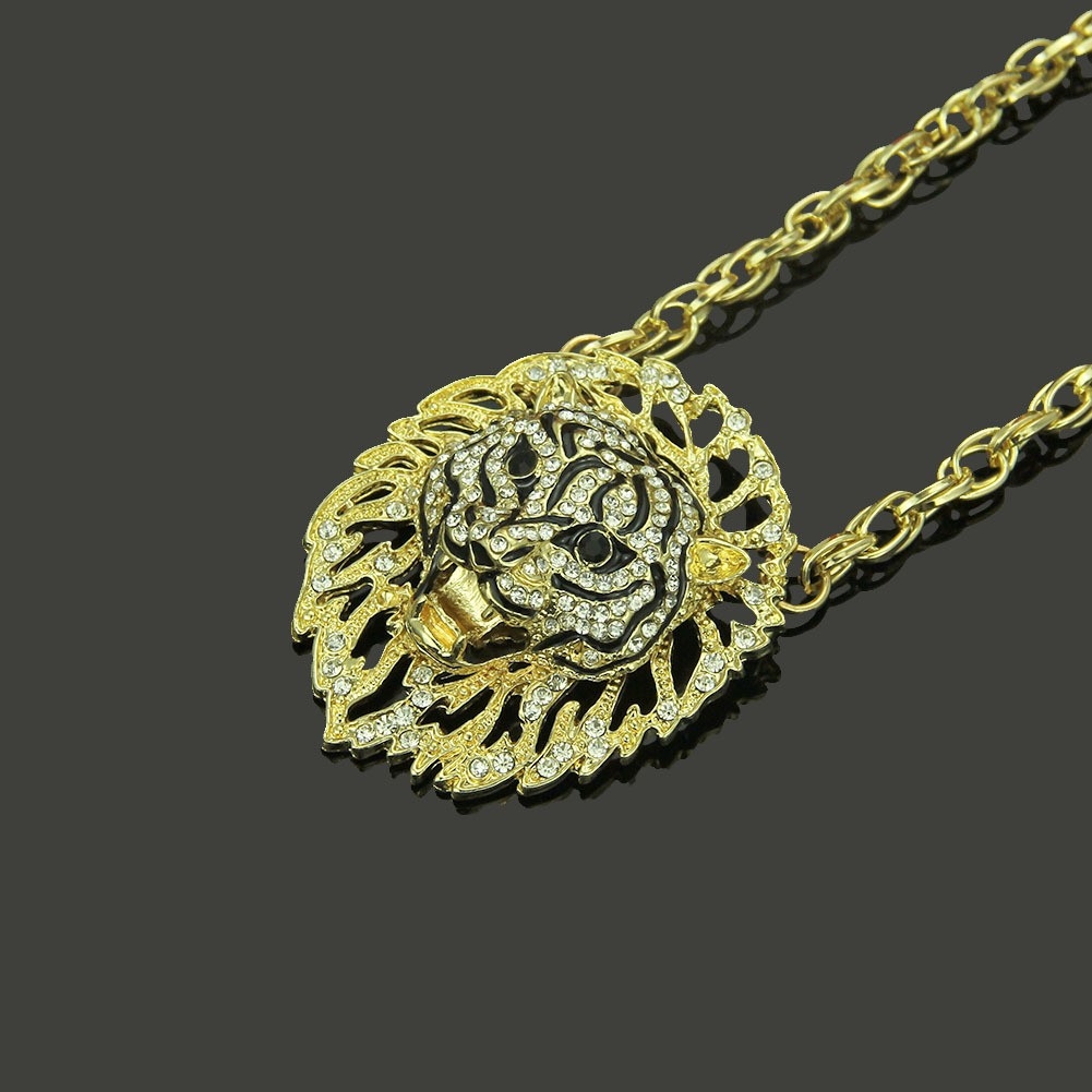 Creative New European Jewelry, Hollow Diamond-Studded 3D Lion Head Pendant Necklace, Manufacturer's Supply