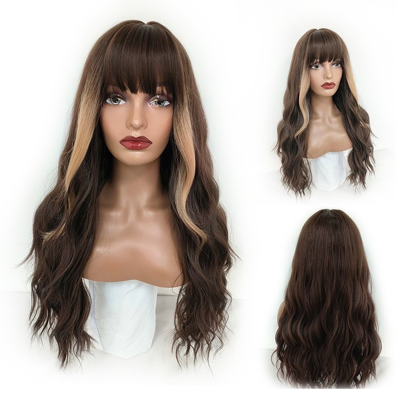 Hot selling european and american foreign trade wig: Bangs with large waves and long curly hair, gradual change high temperature silk synthetic wig headband