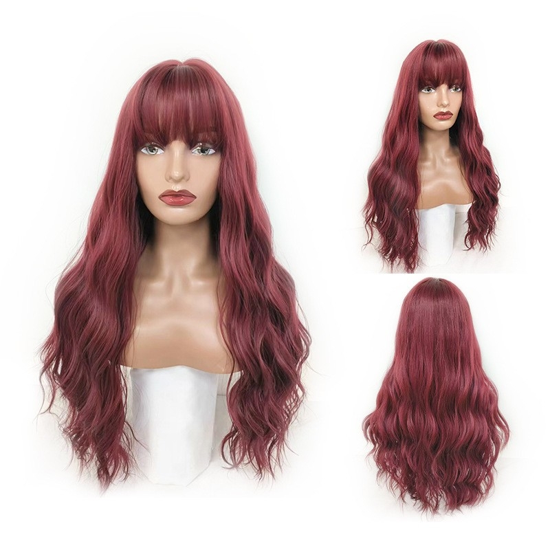 European and american foreign trade wig: Dark red mechanism synthetic wig with long wavy hair and bangs from dongguan manufacturer