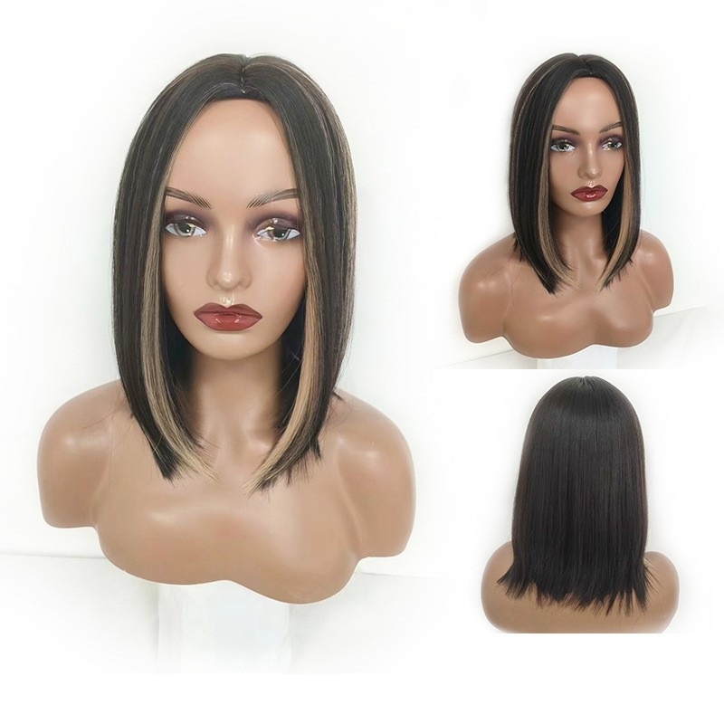 European and american foreign trade wig: Dip-dyed center parting with short bob hair, full head wig