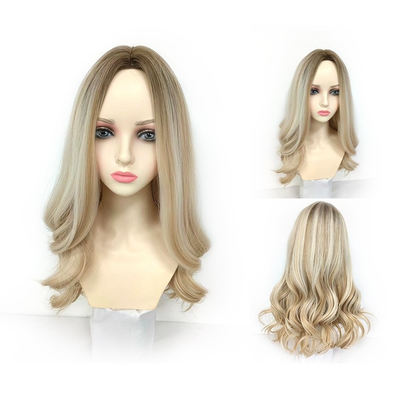 New cross-border product: European and american full head wig, center parting with gradient gold hair ends, high temperature silk synthetic fiber wig