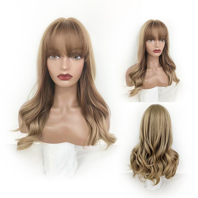 European and american foreign trade gradual change brown wig with bangs and large waves, suitable for performances