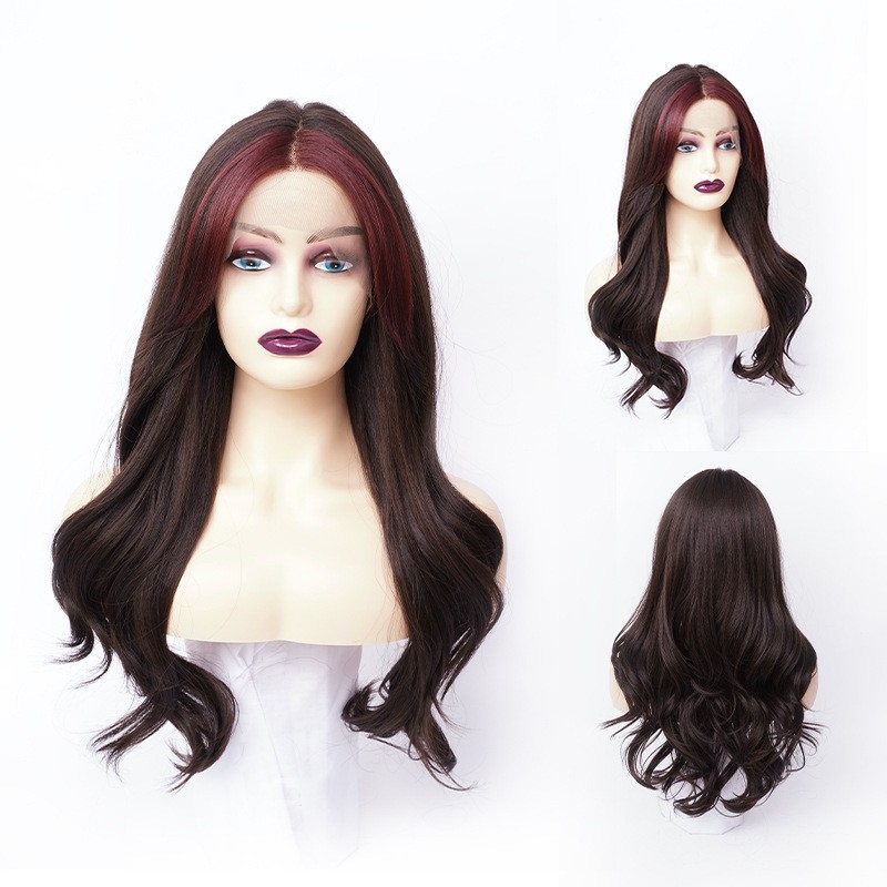 Hot-selling cross-border brown dip-dyed wine red long curly hair t-shaped lace full head wig, hand-woven wig wholesale