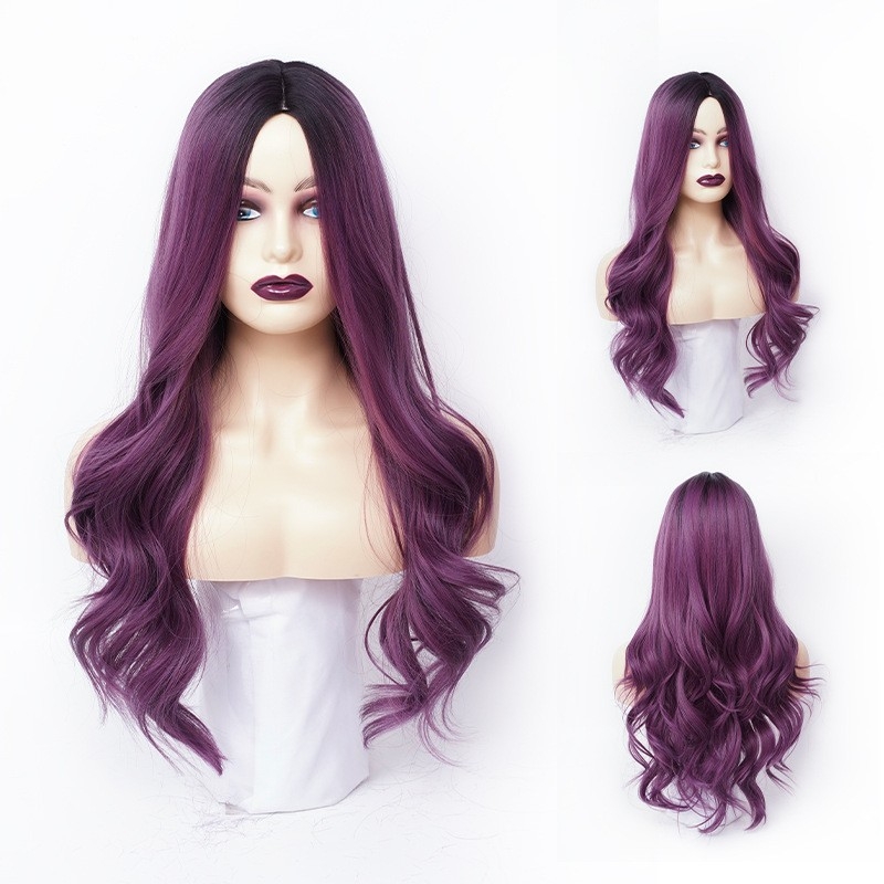 Gradient purple wig with long european and american fluffy curly hair, water ripple full head wig, wholesale from manufacturer