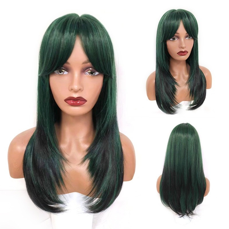 European and american dip-dyed colorful cosplay wig, retro style wig in dark green gradient black, wholesale from manufacturer