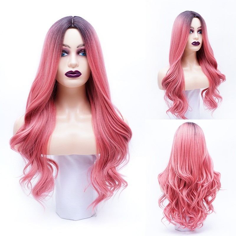 Dongguan women's long wig, internet-famous large wave natural full head wig with center parting, fashionable pink long curly hair, wholesale