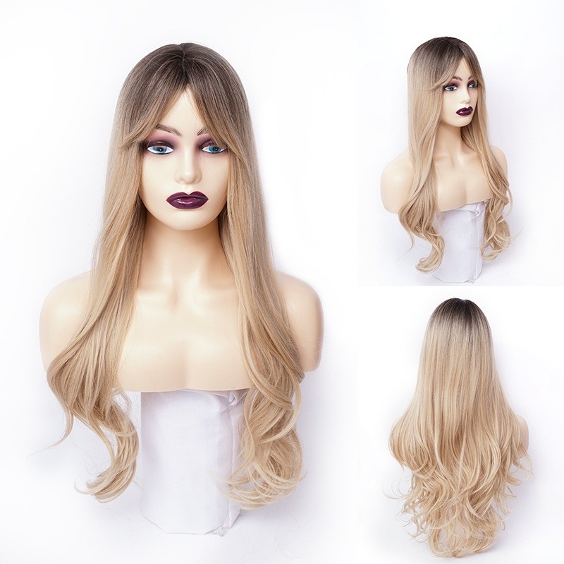 Hot-selling cross-border new product: Internet-famous style wig with center parting and brown gradient golden long curly hair, wigs for women