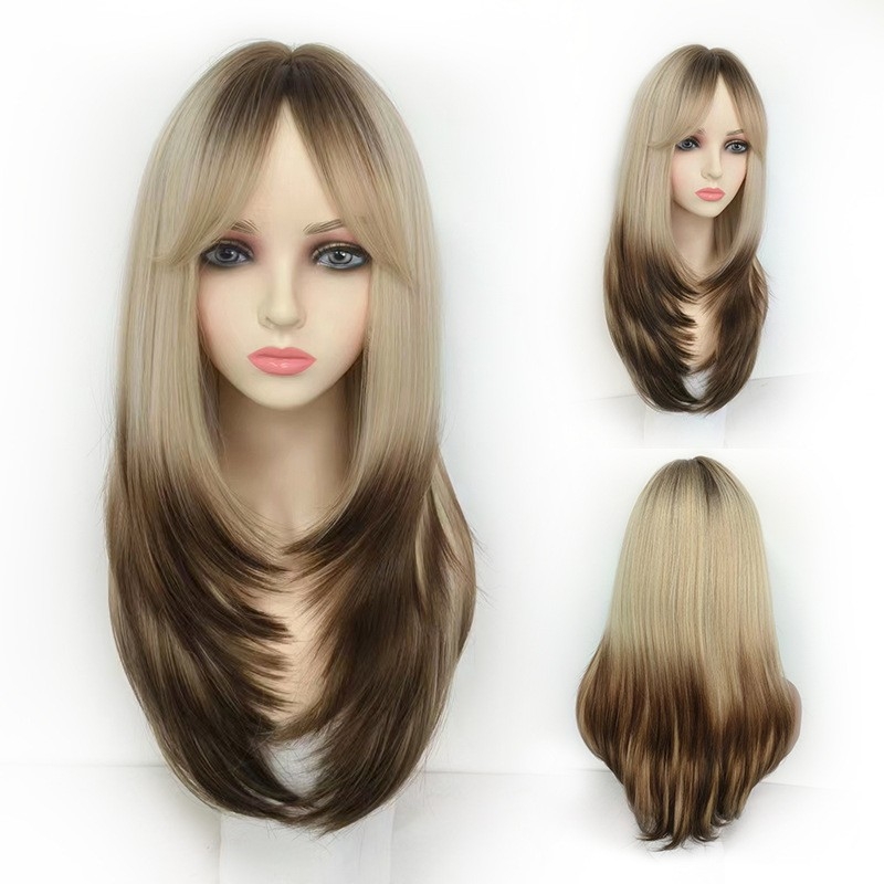 Golden Gradient Brown Wig with Long Side-Swept Bangs, Long Curly Hair - Tik Tok Bestseller - European and American Rose Net Matte Finish