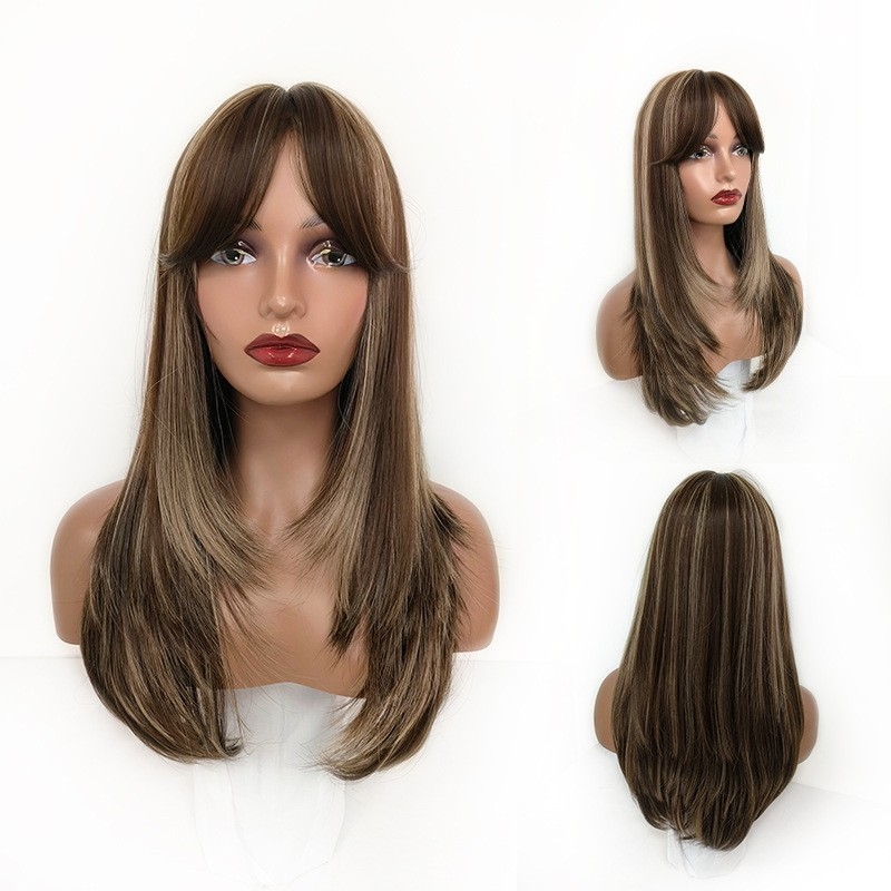 Realistic Synthetic Scalp Highlights Women's Wig - Face-Framing Long Straight Hair Wig Cap - Fiber Wig Wholesale