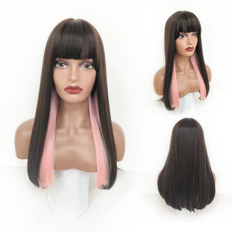 New Synthetic Fiber Highlights Full Wig for Women - Long Straight Hair with Dyed Air Bangs - Wholesale