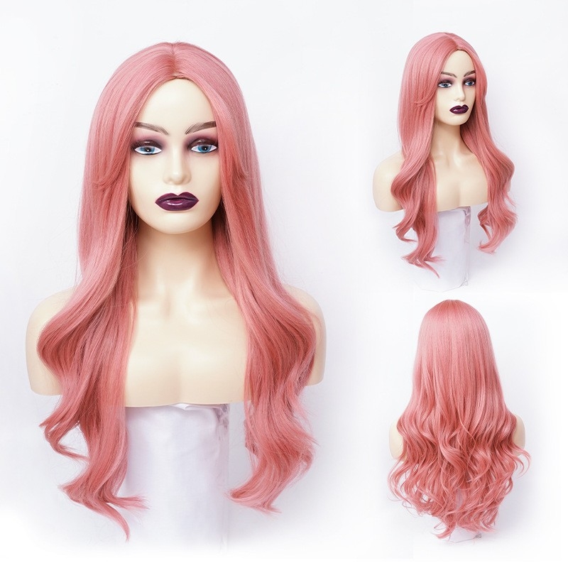 Women's Wig with Long Hair - Natural Big Waves, Middle Parting, Stylish Pink Long Curly Hair