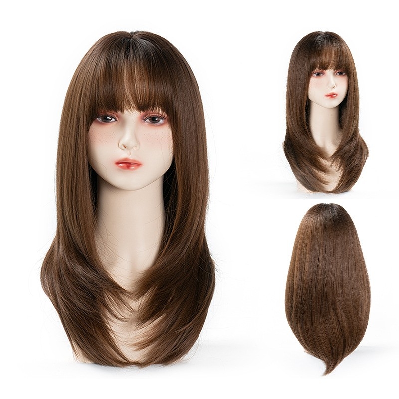 European and American Women's Long Hair - Realistic Full Head Cover, Long Straight Hair, Air Bangs, Gradual Color Change Wig