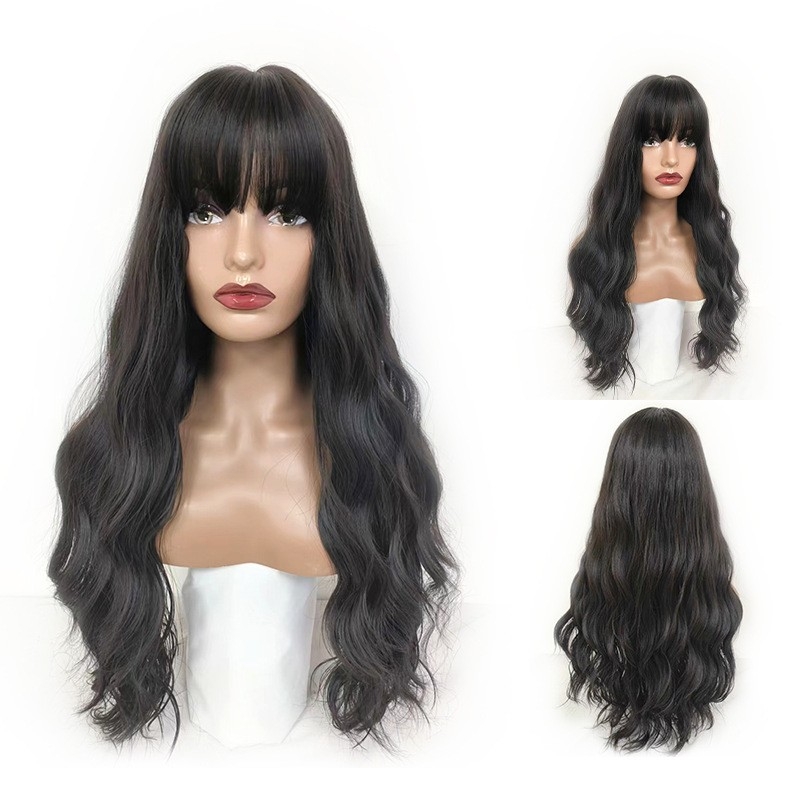 Cross-Border European and American Wig - Brown Highlights, Big Waves, Full Bangs, Black Mechanized Fiber Wig Cap for Women