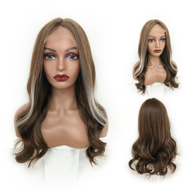 European and American Wig - Brown Highlights, Big Wavy Long Hair, Front Lace Mechanized Fiber Wig for Women