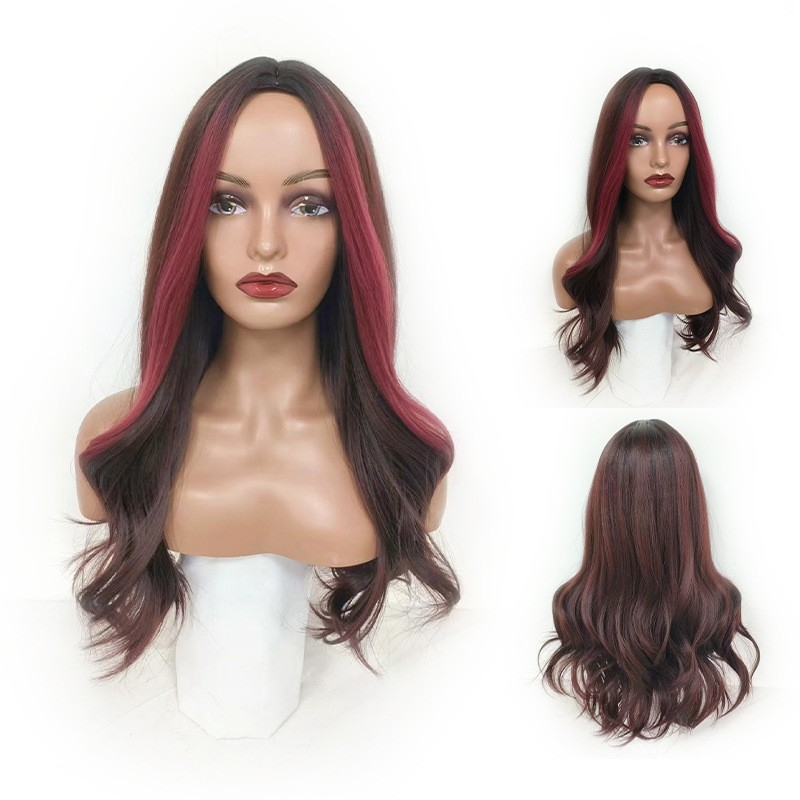 Cross-Border Synthetic Fiber Wig - Middle Parting, European and American Long Curly Hair, Gradient Wine Red Wig Cap - Wigs