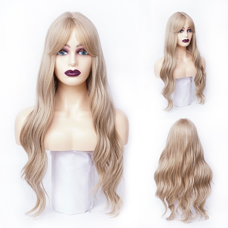 Hot-selling European and American Wig for Women, Long Curly Hair with Eight-shaped Bangs, Natural Golden Fiber Wig Full System from Manufacturer