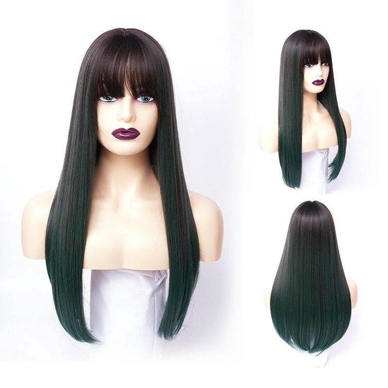 European and American Style Wig with Blunt Bangs, Gradient Haze Blue and Gradient Black Straight Hair for Women, Supply from Manufacturer