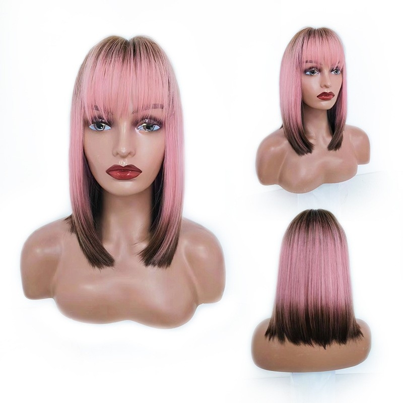 Cross-border Wig, Pink Gradient Brown Hair Wig, Bobo Hair with Air Bangs, High-Temperature Fiber Wig, Wholesale from Manufacturer