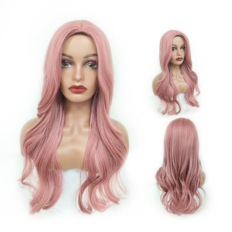 Hot European and American Wig, Long Curly Hair, Pink Gradient Natural Full Head Wig System, Wholesale Supply, Rose Net Waves